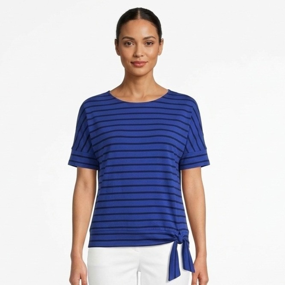 Chico's Blue Striped Side Tie Short Sleeve Top Size 1 Medium Knit Crew Neck